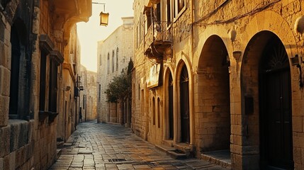 Poster - Sunlit stone street in old town, arched doorways, buildings, shadows, cobblestones.