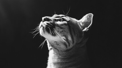 Poster - Black and white close-up portrait of a cat looking up, illuminated by a light source.