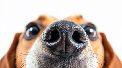 Poster - Close-up of a dog's wet nose and curious eyes against a white background.