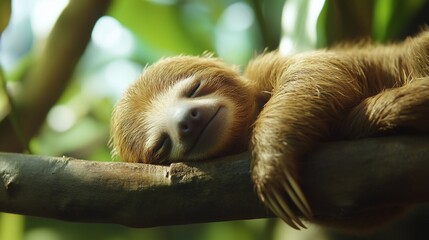 Aufkleber - Adorable baby sloth sleeping peacefully on a tree branch in a lush green rainforest.