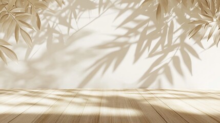 Aufkleber - Light beige wall with wooden floor and tropical leaf shadows.
