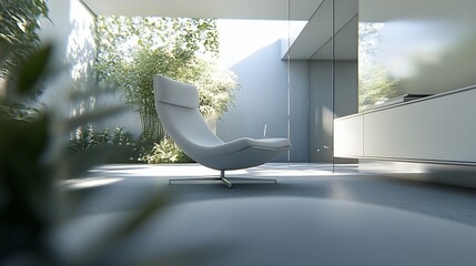 Leinwandbilder - Modern white lounge chair in minimalist room overlooking lush garden.