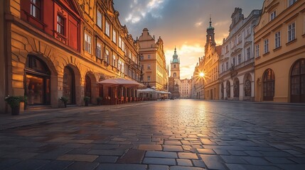 Poster - Sunrise illuminates cobblestone street in historic European city center with colorful buildings and cafes.