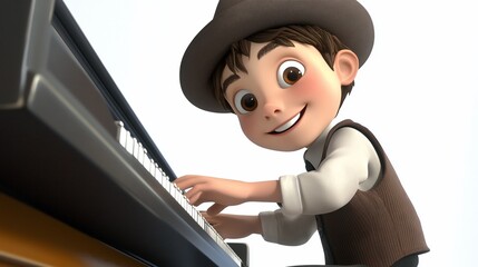Poster - Cheerful cartoon boy playing piano, wearing a hat.