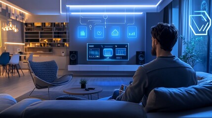 Poster - Man using smart home technology on TV, controlling lights, temperature, and security from his sofa in a modern living room.