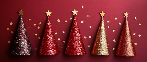 Aufkleber - Festive glitter Christmas trees with gold stars on red background.