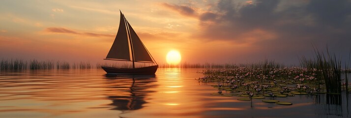 Poster - Sailboat at sunset on calm water with lily pads.
