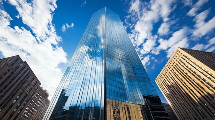 Aufkleber - Low-angle view of a modern glass skyscraper reflecting blue sky and clouds, surrounded by older buildings.