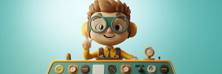 Poster - Cheerful cartoon boy operating a retro control panel, pointing an idea.