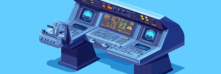 Poster - Isometric view of a futuristic control panel with monitors, buttons, and levers.