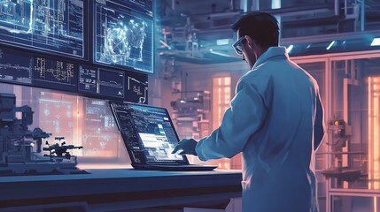 Poster - Scientist working on a laptop in a futuristic lab, analyzing data on multiple screens.