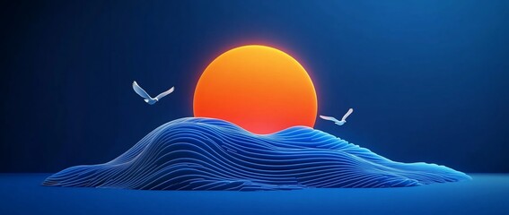 Poster - Abstract sunset scene with stylized waves and birds.