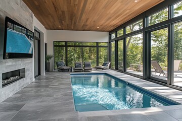 Poster - Modern indoor pool with large windows, fireplace, and lounge chairs overlooking a lush green landscape.