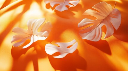 Leinwandbilder - White tropical leaves scattered on an orange surface, illuminated by sunlight, casting shadows.