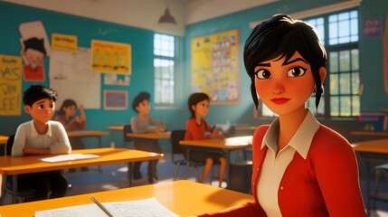 Aufkleber - Young female teacher in a classroom, looking directly at the camera, with students in the background.