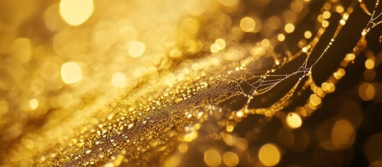 Fototapete - Golden dew-covered spiderweb with bokeh background.