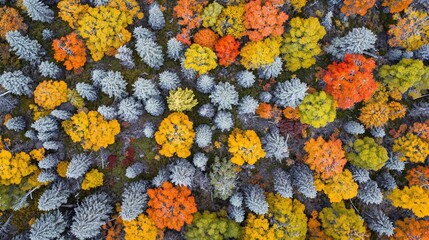 Poster - Aerial view of colorful autumn forest with diverse trees.