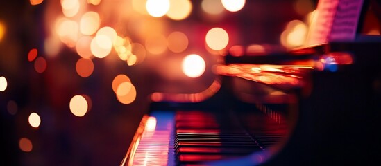 Poster - Close-up of a grand piano at a concert with blurred lights in the background.