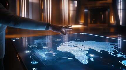 Fototapete - Hand interacts with futuristic holographic world map on a large interactive touchscreen display.