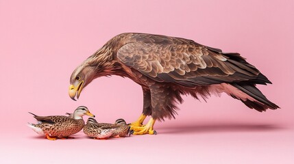 Poster - Eagle and three ducklings on pink background.