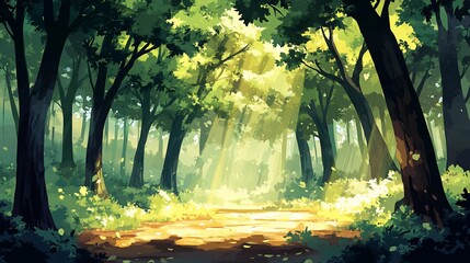Poster - Sunlit path through lush green forest with tall trees and dappled sunlight.