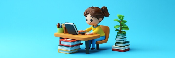Poster - Cartoon girl studying at desk with books and plant.