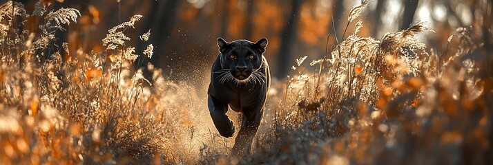 Aufkleber - Black panther running through autumnal foliage.