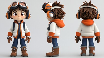 Poster - 3D model of a cute cartoon boy in winter clothes, shown from front, side, and back views.