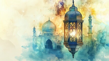 Wall Mural - Glowing Ramadan Lantern and Mosque Watercolor Painting: A Festive Islamic Art