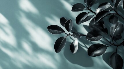 Aufkleber - Dark green leaves with shadows on teal background.