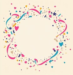 Poster - Festive confetti circle frame with ribbons, hearts, and stars on a beige background.