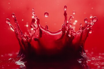 Aufkleber - Red liquid crown splash with droplets against a red background.