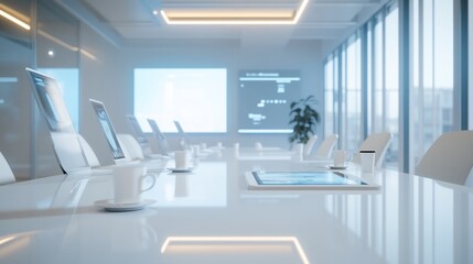 Poster - Modern futuristic conference room with white tables, chairs, laptops, and large windows.