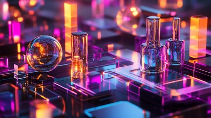 Poster - Abstract neon glass shapes and spheres on reflective surface.