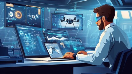 Leinwandbilder - Man in futuristic control room monitoring drone via multiple screens.