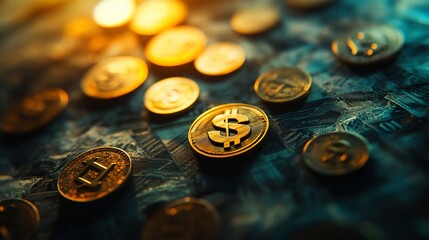 Poster - Close-up of gold dollar coins scattered on a dark background.