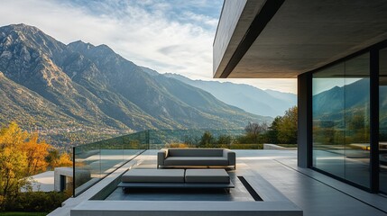 Poster - Modern house balcony with mountain view, contemporary outdoor furniture.