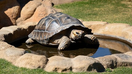 Aufkleber - Large tortoise basking in a shallow pool of water, surrounded by rocks and grass.
