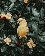 Wall Mural - A vibrant yellow parrot perched among lush green leaves and delicate flowers.