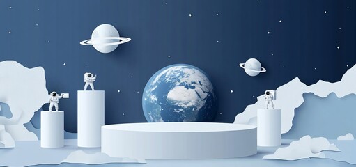 Poster - Astronauts on platforms surrounding Earth in space; paper art style.