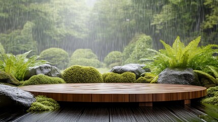 Aufkleber - Wooden platform in a serene rain-soaked garden setting with lush greenery, moss-covered rocks, and a tranquil atmosphere.