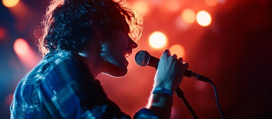 Poster - Male singer performing on stage, lit by colorful lights, singing into microphone.