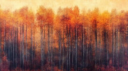 Poster - Vibrant autumn forest scene with colorful trees and misty atmosphere.