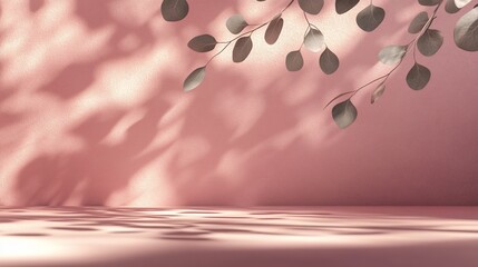 Aufkleber - Pink background with eucalyptus leaves casting shadows, creating a minimalist scene.