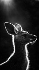 Poster - Black and white profile of a kangaroo illuminated by a bright light source.
