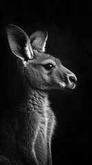 Poster - Close-up monochrome portrait of a kangaroo against a dark background.