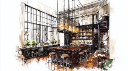 Poster - Sketch of a spacious, industrial-chic loft kitchen with a spiral staircase, large windows, and an island.