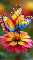 Wall Mural - A vibrant butterfly perched on a colorful flower, showcasing nature's beauty.