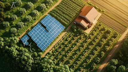 Poster - Aerial view of a sustainable farm with solar panels and wind turbine.