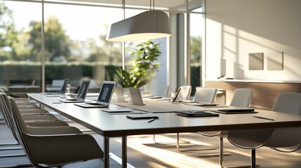 Aufkleber - Modern, sunlit conference room with laptops on a large table and chairs.